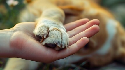 Human Hand Holding a Dog's Paw in Friendship. Generative ai