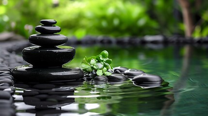 Zen Stones in Tranquil Water Garden. Generative ai