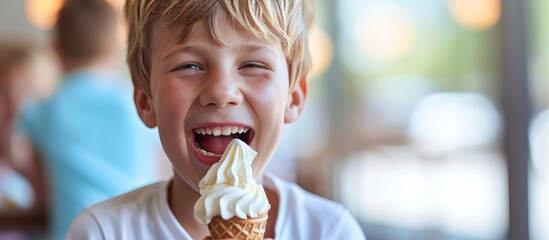 Boy eating soft serve ice cream in picture.