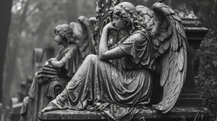 Fototapeta na wymiar A melancholic angel sits upon a stone bench lost in thought as they gaze up at a towering tombstone adorned with intricate Gothic designs.
