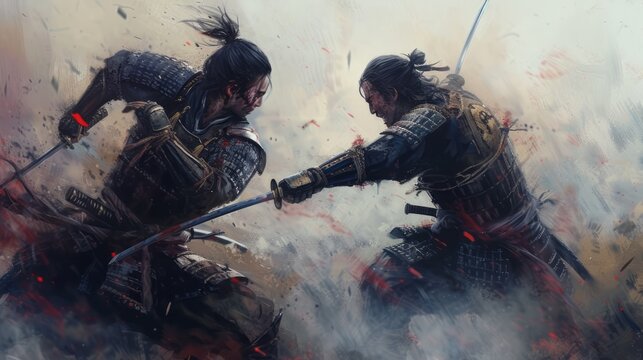 epic samurai with  weapon swords standing and duel fighting. rainy day with grey sky and tones. asian culture. pc desktop wallpaper background 16:9