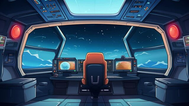 cartoon interior of spaceship with control panel. seamless looping overlay 4k virtual video animation background 