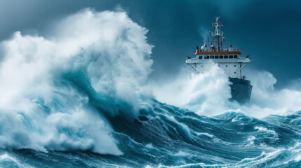 A grey cargo ship battles against towering waves and strong winds highlighting the importance of insurance coverage for potential damage from severe weather.