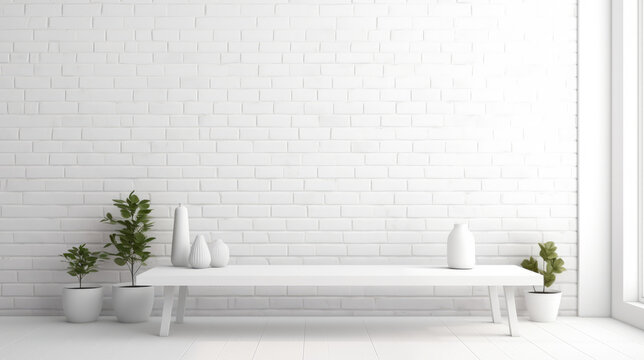 Minimalist mock up poster, desktop and canvas in vintage interior room, on white brick wall background. Studio shot, for display image photo mock up. 