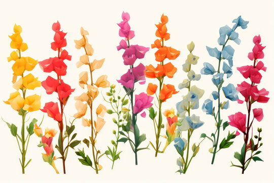 Blooming Floral Meadow: a Colorful Botanical Illustration of Purple and Pink Antirrhinum Flowers, with Watercolor Petals, on a White Background.