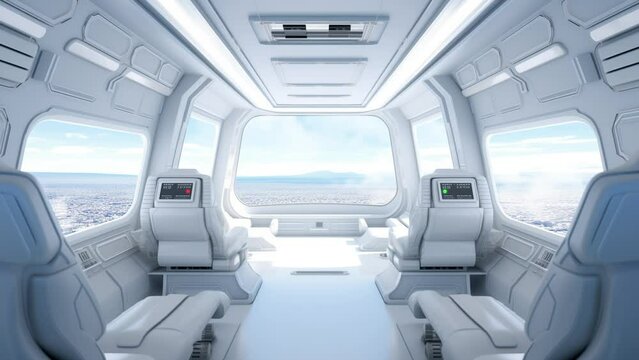 white clean spaceship interior with view on planet. seamless looping overlay 4k virtual video animation background 