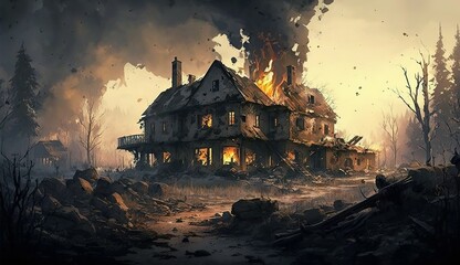 Houses in the village were destroyed and burnt during the war as a result AI Generation - obrazy, fototapety, plakaty