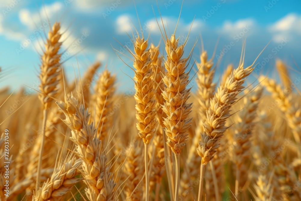 Poster wheat harvest in the field. background with selective focus and copy space