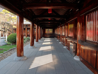 Beautiful wooden corridor of Baoshan Temple in Baoshan district, Shanghai, China. Bathed in summer...