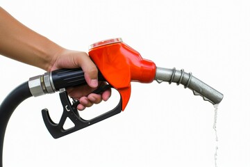 Hand with fuel gun and pouring gasoline or diesel. Background with selective focus and copy space - obrazy, fototapety, plakaty