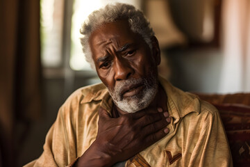 a black old man sitting on couch, clenching his jaw, chest feeling uncomfortable