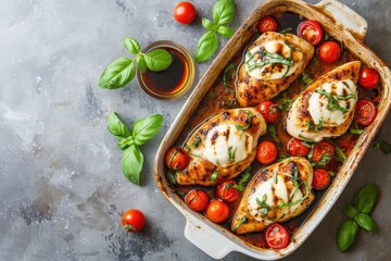 Caprese chicken with cherry tomatoes mozzarella basil and balsamic vinegar on concrete table top down view copy space