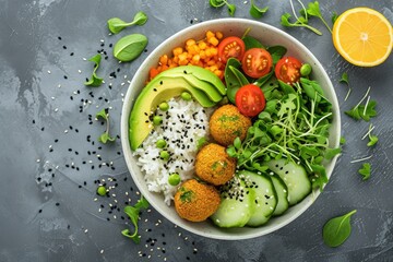 Top view of a vegan poke bowl with rice falafel green beans cherry tomatoes avocado cucumbers and black sesame on a gray background - obrazy, fototapety, plakaty