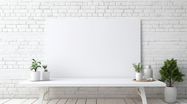 Minimalist mock up poster, desktop and canvas in vintage interior room, on white brick wall background. Studio shot, for display image photo mock up. 