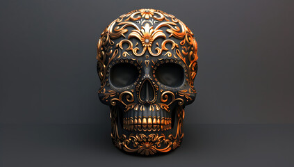 intricately textured dark gold and orange skull