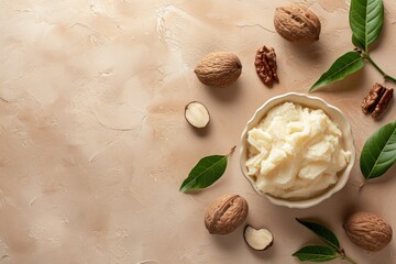 Top view of unprocessed shea butter on a beige background showing nuts and leaves with empty space...