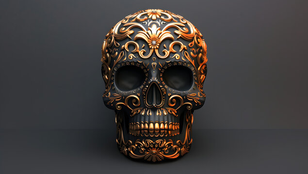 intricately textured dark gold and orange skull