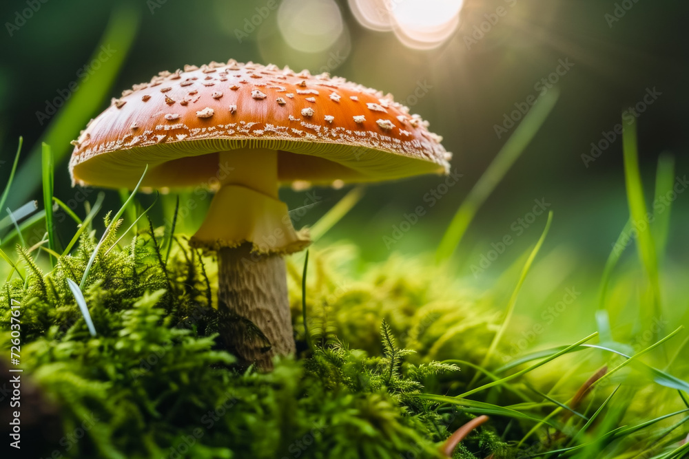 Poster fly agaric in the forest. background with selective focus and copy space