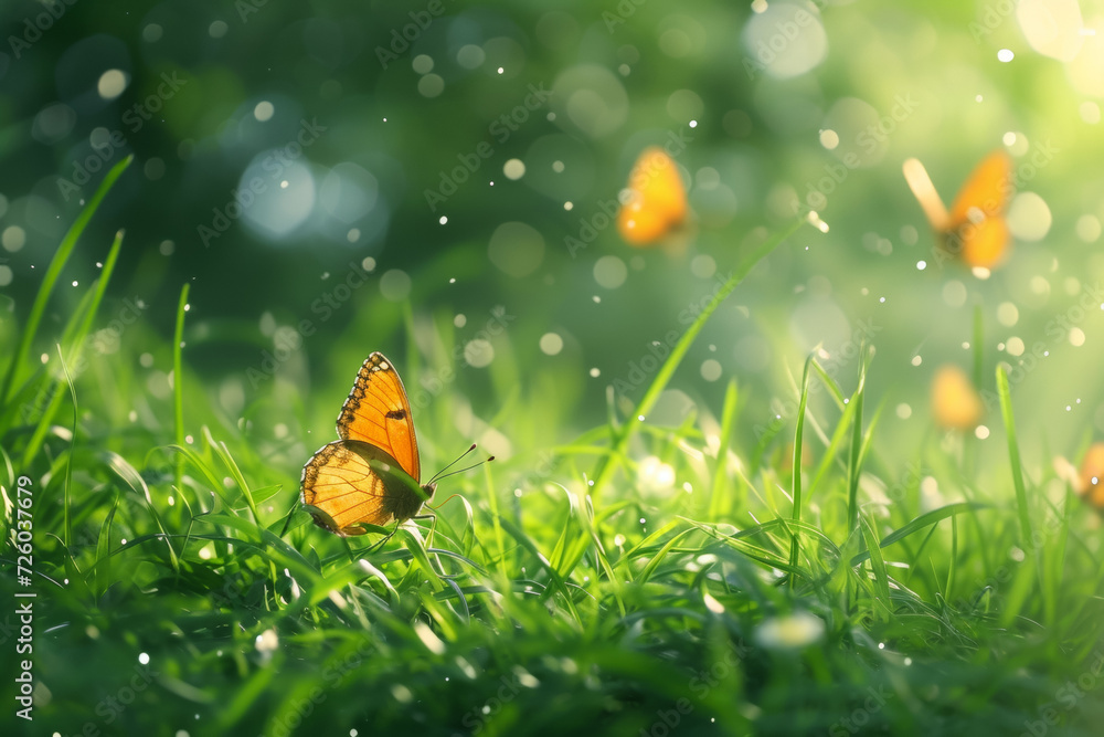 Poster butterfly on the spring grass. background with selective focus and copy space