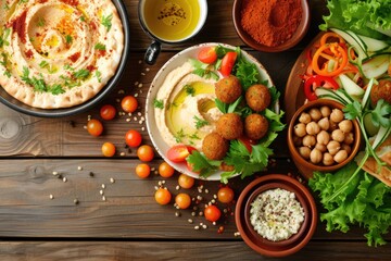 Top view of Jewish Cuisine with traditional homemade hummus falafel chickpea salad pita and spices on a wooden table - obrazy, fototapety, plakaty