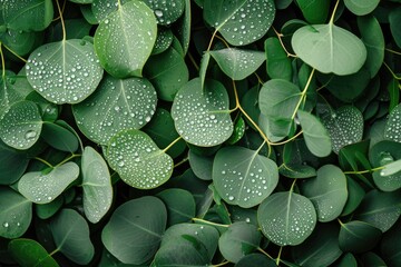 Green eucalyptus leaves with raindrop and dew flat lay top view - obrazy, fototapety, plakaty