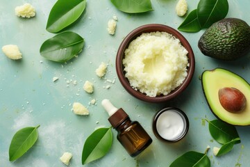 Shea butter essential oil and avocado bowl on a colored background - obrazy, fototapety, plakaty