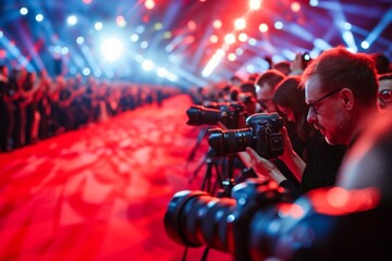 Photographers with cameras on the red carpet - obrazy, fototapety, plakaty