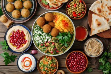 Middle Eastern dinner party with traditional dishes like falafel doner kebab vegetarian pita hummus tabbouleh chickpea dip and pomegranate