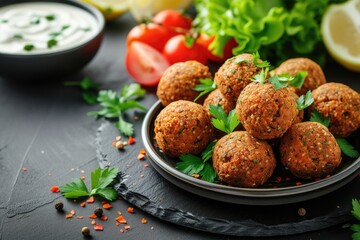Vegetarian food and balanced nutrition fresh falafel balls with yogurt sauce on a black backdrop