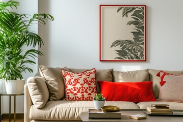 Comfortable living room with red mock up poster frame and beige sofa Includes patterned pillow coffee table and personal accessories