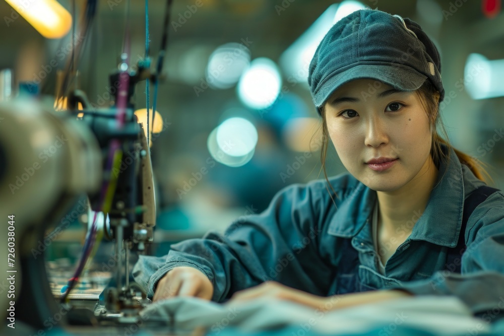 Poster workers at a textile factory. background with selective focus and copy space