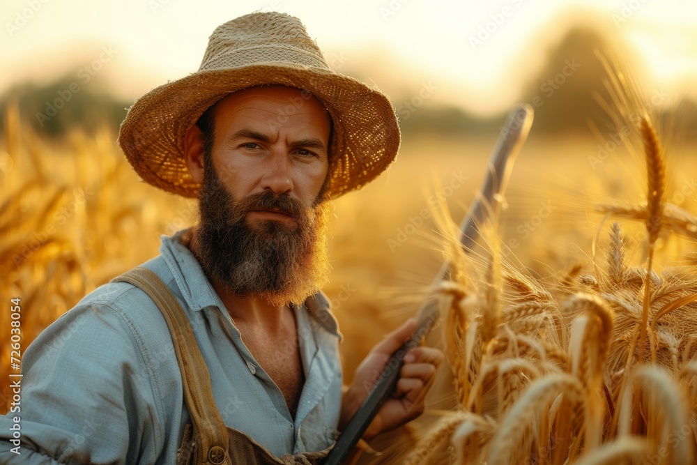 Aufkleber farmer in a field with wheat. background with selective focus and copy space