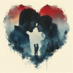 A double exposure image with a couple in a heart shape. 