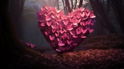 Heart-Shaped Pink Butterflies Forming a Heart Symbol in Forest