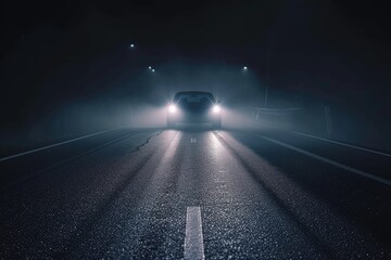 Driving towards car headlights on asphalt road at night