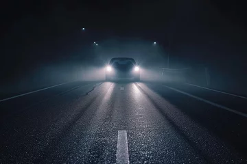 Zelfklevend Fotobehang Driving towards car headlights on asphalt road at night © VolumeThings