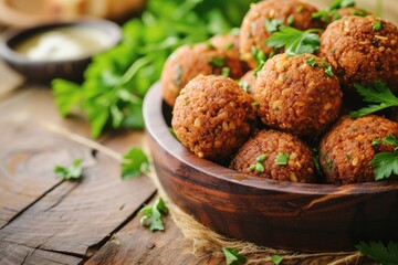 Selective focus on falafel balls on a wooden table