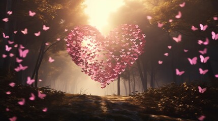 Pink Butterflies Forming a Heart Symbol in Forest