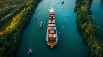 A cargo ship slowly entering a narrow channel guided by tugboats as it navigates its way to the port demonstrating the delicate balance and coordination required for successful