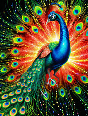 Vibrant Peacock with Psychedelic Firefly Jar Close-Up Gen AI - 726038257