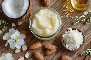 Ingredients for bodywhip also called body butter include shea butter solid coconut oil sweet almond oil and essential oils They are displayed on - obrazy, fototapety, plakaty