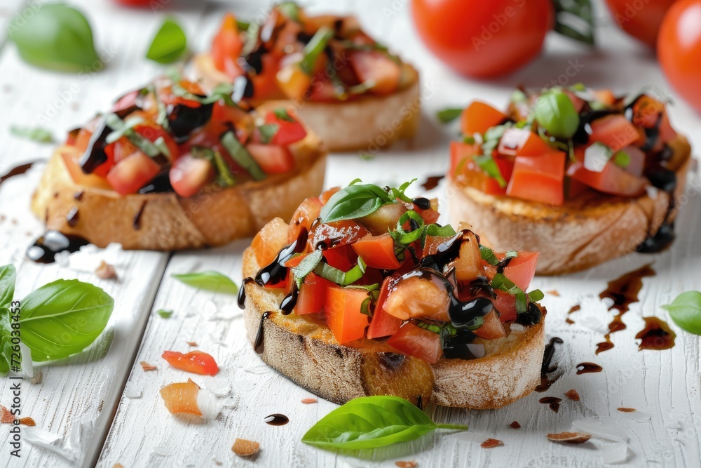 Canvas Prints closeup of tasty bruschettas with balsamic vinegar and toppings on white table