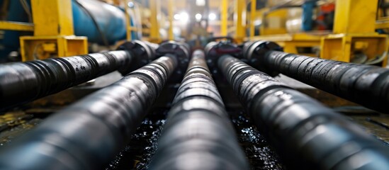High pressure rubber oil hoses are utilized by a large modern industrial subway drilling machine. - obrazy, fototapety, plakaty