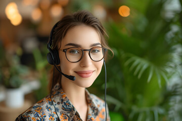 Woman call center officer wearing microphone headset and happy working with a friendly face