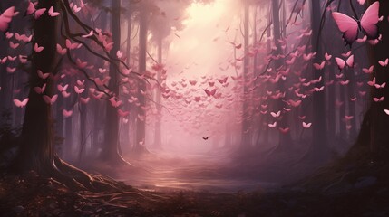 Heart-Shaped Pink Butterflies Forming a Heart Symbol in Forest
