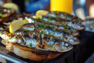 Grilled sardines on bread traditional Portuguese dish