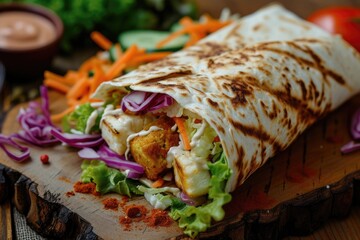 Vegetarian kebab wrap with halloumi falafel cheese salad onions cabbage cucumber carrot and dressing
