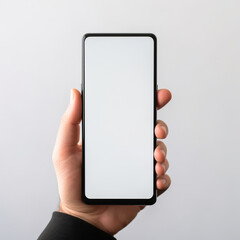 Hand holding a smartphone displaying a blank white screen background. Generative AI.