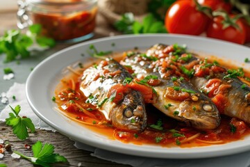 Canned sardines in tomato sauce on a plate - obrazy, fototapety, plakaty