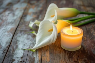 Obraz na płótnie Canvas White calla flower with lit candle on wooden background Condolence card with room to write